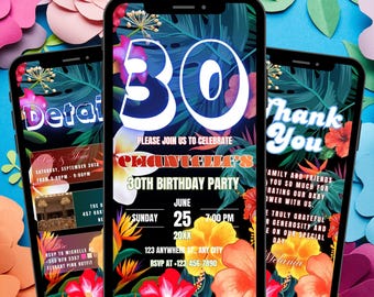 Puede incluir: Tres smartphones que muestran una invitación a una fiesta de cumpleaños tropical de 30 años. El diseño presenta un gran "30" con detalles florales y de hojas, detalles del evento y el texto "Please join us to celebrate". El fondo es una vibrante mezcla de colores.
