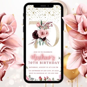 Modello di invito digitale per il settantesimo compleanno, invito elettronico per il 70esimo compleanno, invito di compleanno al neon marrone, messaggio di testo modificabile