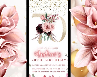 Digital Seventieth Birthday Invitation Template, 70th Electronic Birthday Invite, Brown Neon Birthday Invitation, Editable Text Message