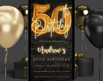 Digital 50th Birthday Invitation Template For Men, Fiftieth Men's Evite, Rustic Fifty Birthday Ecard For Him Black Gold, 50th Anniversary