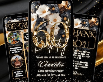 60TH Digital Birthday Invitation Template Black, Floral Sixtieth Dinner Invite Gold Balloon,  Editable Text Message Evite Download