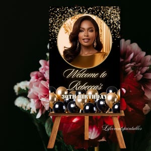 Plantilla de cartel de bienvenida de cumpleaños con foto para CUALQUIER EDAD, cartel de bienvenida dorado, globo de purpurina negra, póster de bienvenida, decoración de señalización editable, descarga digital