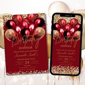 Modelo de convite de aniversário vermelho, balões dourados e vermelhos, convite para impressão, mensagem de texto digital editável, jantar de aniversário, cartão eletrônico, download instantâneo