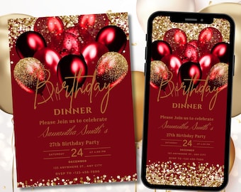 Red Birthday Invitation Template Gold, Red Balloons Invite Printable Digital Editable Text Message Birthday dinner Ecard Instant Download