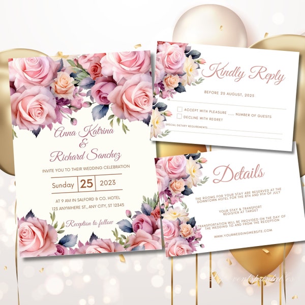 BLUSH Pink FLORAL Wedding Invitation  Set Template, Watercolor soft pink Flowers Editable Wedding invite Suite Bundle For Home Printing