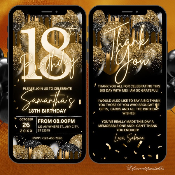 Digital 18th Birthday Invitation Template For Her Gold, Animated Eighteenth Black Gold Balloon Invite For Him, Editable  Itinerary eCard