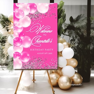 Birthday Welcome Sign Template Pink, Birthday Welcome Poster Glitter Sparkle Instant Digital Download Editable Welcome Signage decor