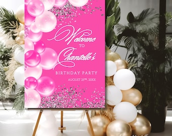 Birthday Welcome Sign Template Pink, Birthday Welcome Poster Glitter Sparkle Instant Digital Download Editable Welcome Signage decor