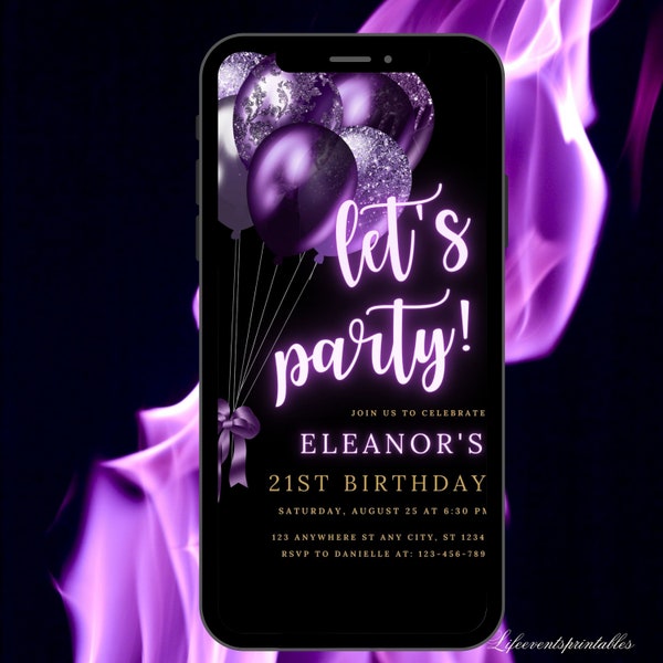 Digital Purple Balloons Birthday Party Invitation, Silver Glitter, Electronic Phone Text Message Evite, Editable Template, Instant Download