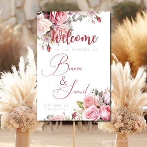 Wedding Welcome Sign Template with Watercolor Blush Pink Flowers Custom Sign, INSTANT Download, Editable Printable Wedding Welcome Poster