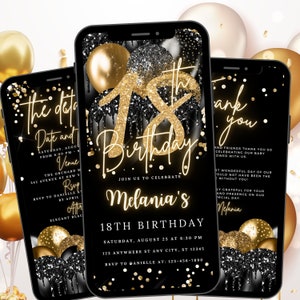18TH Black Gold Birthday Invitation Template Animated, 18Th Birthday Invite, E-vite Neon Glittery Text Birthday Digital Mobile Phone Evite