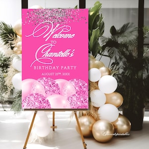 Birthday Welcome Sign Template Pink, Birthday Welcome Poster Glitter Sparkle Instant Digital Download Editable Welcome Signage decor