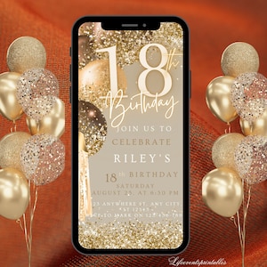 Modello di invito digitale per il 18° compleanno, invito elettronico alla festa del 18° compleanno, testo al neon in oro rosa Evite, invito digitale glitter, festa di compleanno
