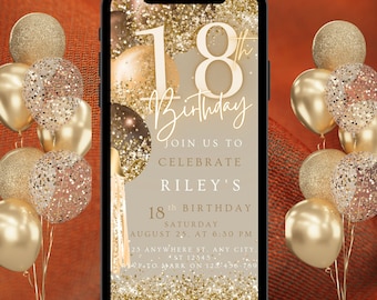 Digital 18th Birthday Invitation Template, Electronic 18th Party Invite, Rose Gold Neon Text Evite, Digital Invite Glitter, Birthday Party