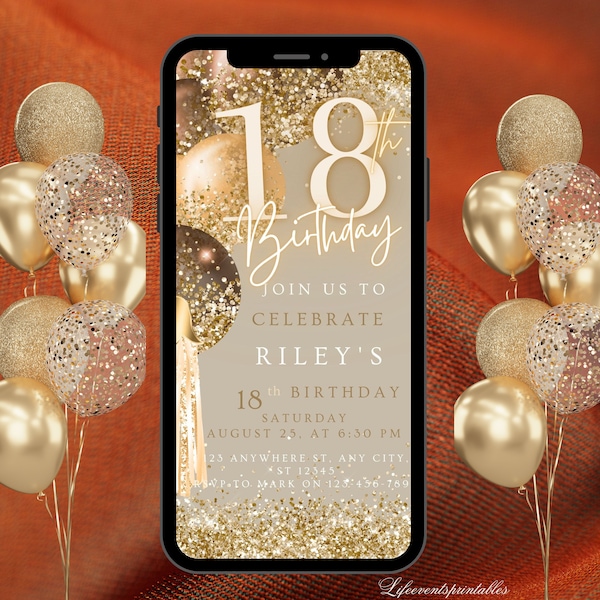 Digitale Einladungsvorlage zum 18. Geburtstag, elektronische Partyeinladung zum 18. Geburtstag, Rose Gold Neon Text Evite, digitale Einladung Glitter, Geburtstagsfeier