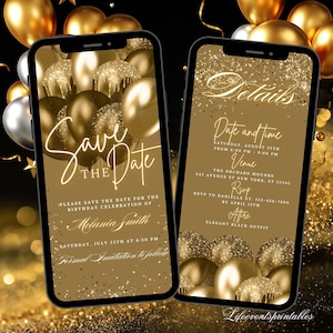 Digital Save The Date Invitation Gold, Electronic  Gold Balloons Birthday Save The Date Template, Editable Birthday Evite Instant Download