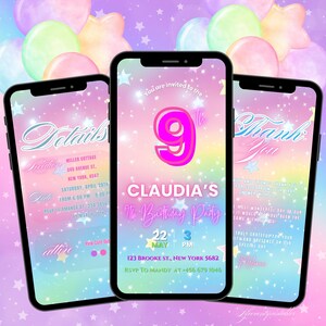 Modèle numérique d'invitation pour 9e anniversaire animé, pastel 9 ans, invitation fille, paillettes modifiables, 9e anniversaire, téléchargement immédiat