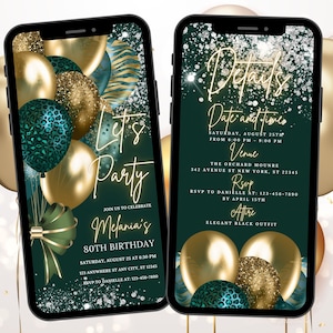 Invito digitale per festa di compleanno verde argento, modello modificabile glitter verde argento, invito per qualsiasi età con download immediato, invito per compleanno telefonico