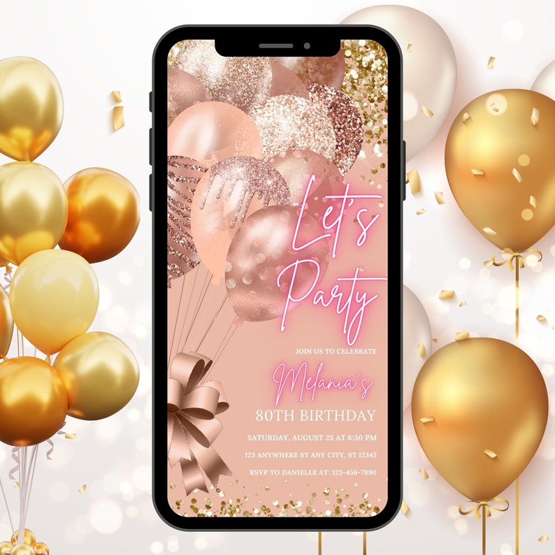 Digital Birthday Invitation Template, Electronic Birthday Invitation Rose Gold, Digital Download, Text Message Invite, Editable Text ANY AGE image 3