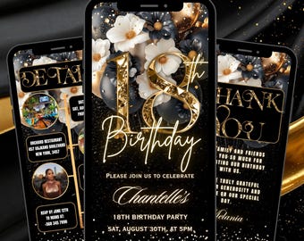 18TH Digital Birthday Invitation Template Black, Floral Eighteenth Dinner Invite Gold Balloon,  Editable Text Message Evite Download