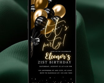Digital Birthday Invitation Template Electronic Birthday Invitation Black Gold Digital Download, Text Message Invite Editable Text ANY AGE