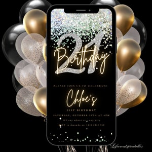 Digital Twenty One 21st Birthday Invitation Template 21st Electronic Birthday Invite Black Gold Birthday Invitation, Editable Text Message