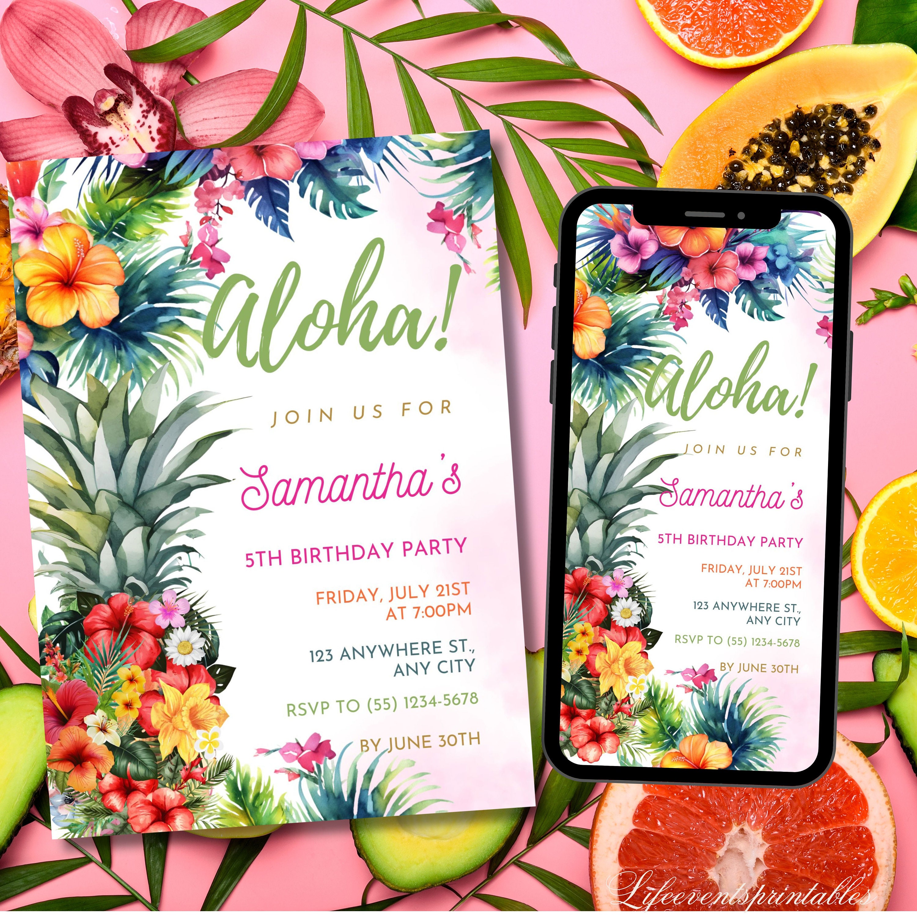 Editable Pineapple Birthday Invitation Tropical Aloha Birthday Hawaiian Invite   For Girls Party invite EDITABLE Instant Digital Download