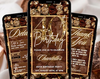 Fortieth Brown Roses Digital Birthday Invitation, 40th Floral Birthday invite, Digital Text Message E-Invite, Mobile Phone Dinner Evite