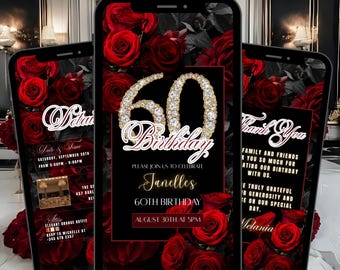 60TH Floral Birthday Invitation Template RED, Sixtieth Roses Digital Black Dinner Text Invite Editable