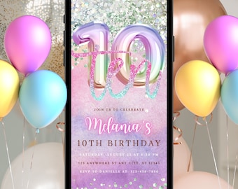 Digital 10th Birthday Invitation Template For Girls Neon Tenth Birthday Invite Editable Text Birthday Ecard Instant Download