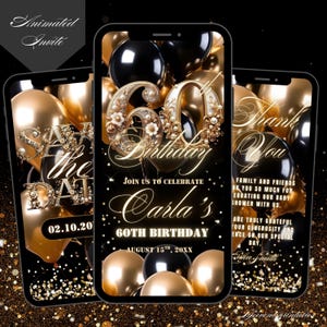 Digital 60th Birthday Invitation For Women, Editable 60th Invite Black, Sixtieth Party Evite For Her, 60TH Save The Date Birthday Ecard