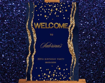 Blue AGATE Birthday Welcome Sign Template Welcome Poster Blue and Gold AGATE Signage Editable Welcome Signage decor Instant Digital Download