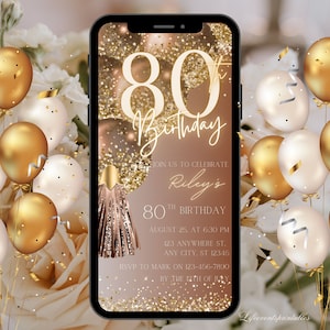 Digital 80th Birthday Invitation Template, Eightieth Brown Gold Birthday Invite, Neon Glittery Text Birthday Digital Mobile Phone Evite