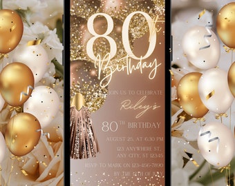 Può includere: Un invito digitale per una festa di compleanno di 80 anni. L'invito presenta uno sfondo dorato e marrone con coriandoli e palloncini. Il testo sull'invito recita "80° compleanno", "Unisciti a noi per festeggiare l'80° compleanno di Riley", "25 agosto, alle 18:30", "123 Anywhere St.", "Any City, ST 12345", "RSVP per segnare su 123-456-7890", e "Entro il 12 luglio".