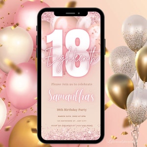 Digital RoseGold 18th Birthday Invitation Template For Her, Pink Neon evite Eighteenth Rose Gold Balloon Invite, Editable Itinerary eCard