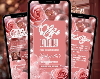 Balloon Birthday Invitation Template Blush, Digital Rose Gold Floral Dinner Invite Editable Roses Text Message Ecard