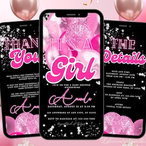 Digital Girl Baby Shower Invitation Template, Electronic Blush Pink Editable Itinerary Balloons Mobile Evite with a Thank You Ecard