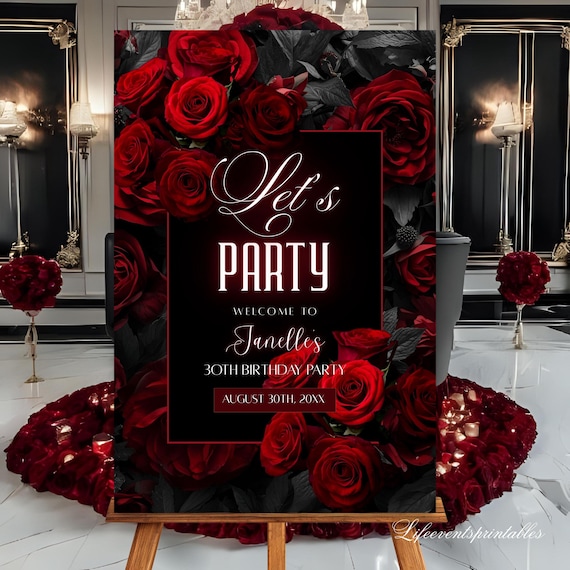Floral Birthday Welcome Sign Welcome Poster Red Roses, Black Editable Digital Entrance Signage decor Instant Download ANY AGE
