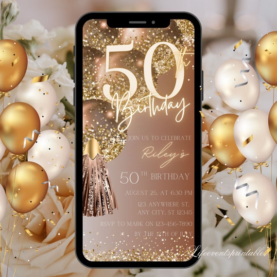 Digital 50th Birthday Invitation For Women, Editable 50th Invite Evite, Virtual Rustic Fifty Party Invite For Her, Birthday Invite For Her