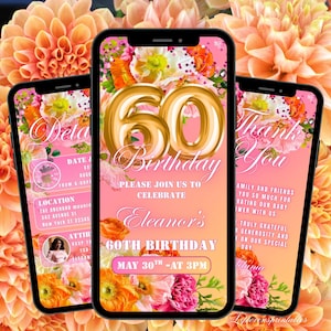 60TH  Birthday Invitation Digital Floral Orange, Pink Floral Sixtieth Birthday Party Invite, 60TH Text Message Evite Instant Download