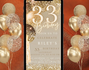 Thirty-Third Birthday Invitation Template, 33rd Birthday Invite, E-vite Template, Neon Glittery Text Birthday Digital Mobile Phone Evite