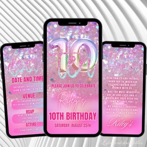 Digitale Einladungsvorlage zum 10. Geburtstag für Mädchen Neon Zehnter Geburtstag einladen Bearbeitbarer Text Geburtstag Ecard Sofort-Download