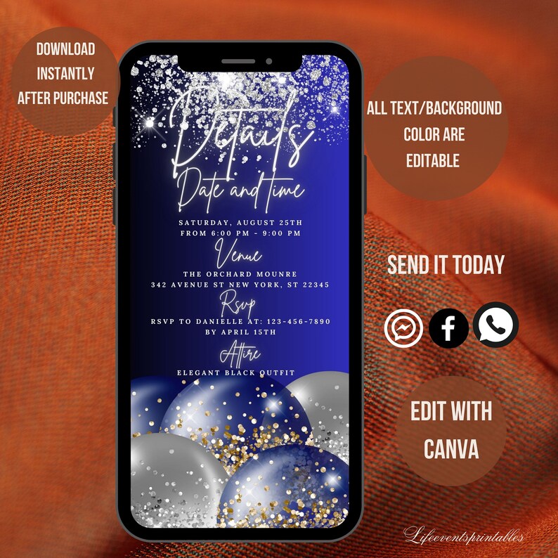 May include: A blue and silver digital invitation for a party with a date and time, venue, RSVP information, and attire. The invitation features a blue background with silver glitter and blue and silver balloons.