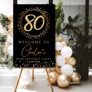 80Th Birthday Welcome Sign Template Welcome Poster Black Glittery Eightieth Signage Editable Welcome Signage decor Instant Digital Download