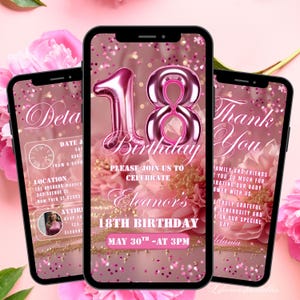 18TH Birthday Invitation Template Pink, Digital Animated 18th Party Invite Editable Eighteenth Floral Invitation Teens Party Video Invite