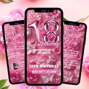 18TH Birthday Invitation Template Pink, Digital Animated 18th Party Invite Editable Eighteenth Floral Invitation Teens Party Video Invite
