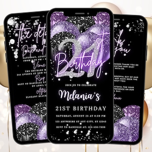 Faire-part pour 21 ans, invitation modifiable, ballon violet pour elle, carte virtuelle animée numérique itinéraire Evite violette pour vingt et un ans pour fille
