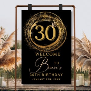 Editable Black Gold Welcome Sign Template PRINTABLE Birthday Party Gold Balloons Welcome Signage Decor Welcome Poster Party Canva Template