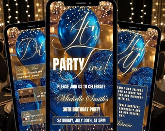 Digital Birthday Invitation Template Blue, Gold Balloon Electronic Birthday Invite Neon Download, Phone Text Message Evite Editable ANY AGE