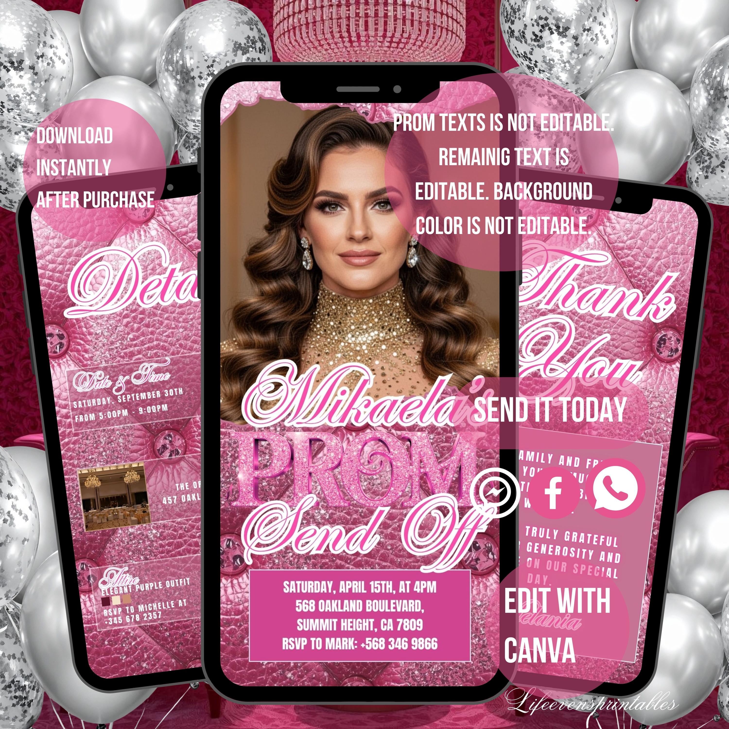 Editable Prom Send off Invitation Template Pink, Digital Photo Prom ...